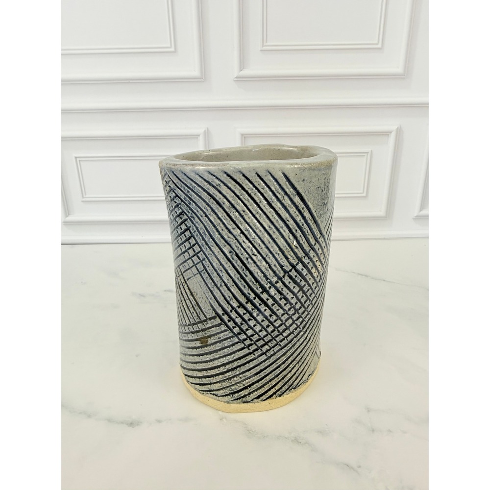 VTG Studio Pottery Vase Blue Heavy Slab Style Geometric Design 5 1/2" Tall